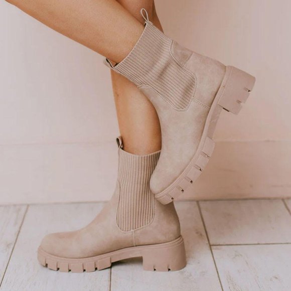 NEW Taupe Beige Chunky Lug Sole Platform Elastic Sock Ankle Chelsea Bootie Boots - Picture 12 of 14